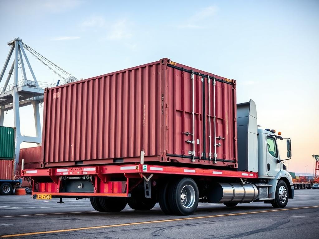 Container trailer at port loaded with a shipping container