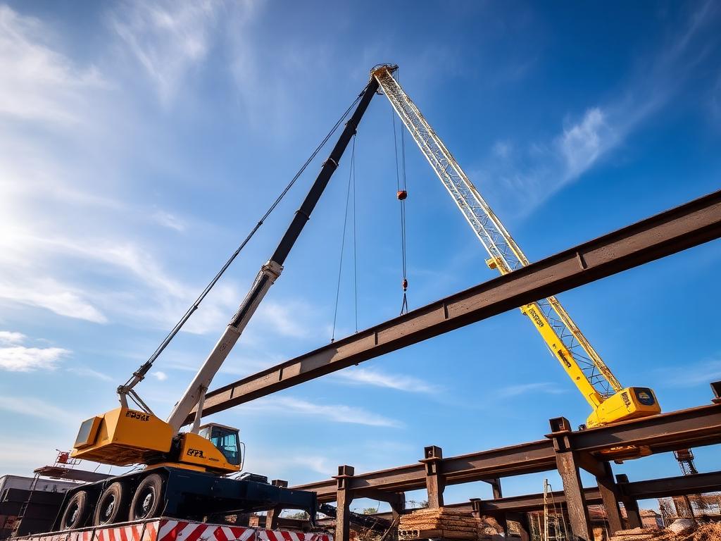 Telescopic crane positioning a steel beam